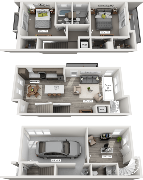 Three different floor plans of a house are shown.